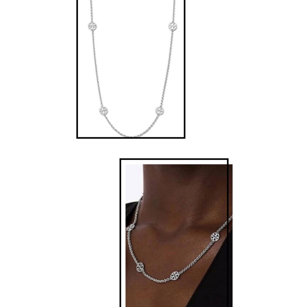 TORY BURCH Miller Delicate Station Silver Tone Logo Medallion Chain Necklace
